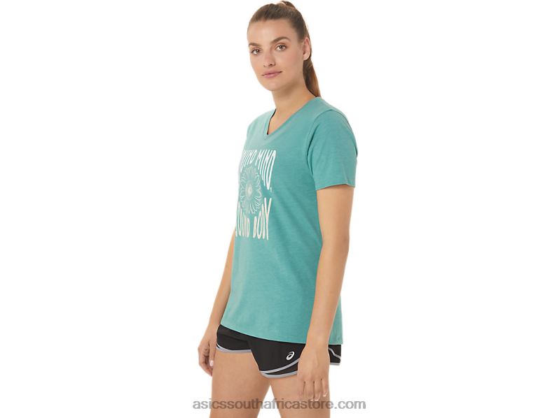 Women Asics Sunflower Slogan V-Neck LH4X02814 Sage Heather