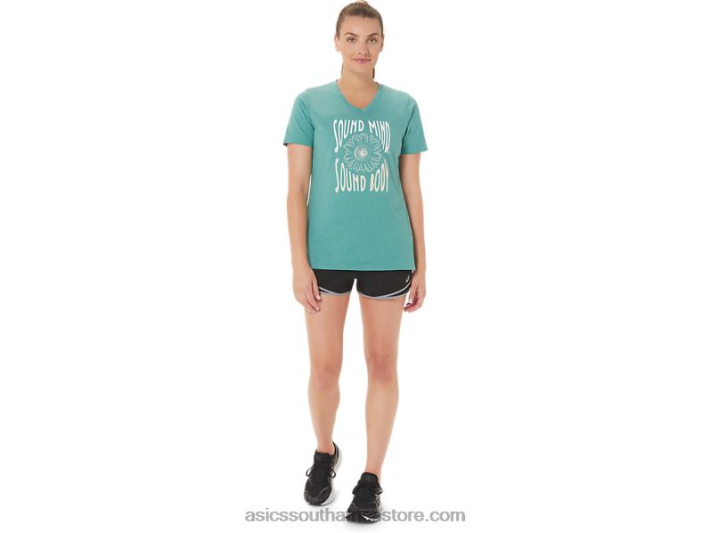 Women Asics Sunflower Slogan V-Neck LH4X02814 Sage Heather