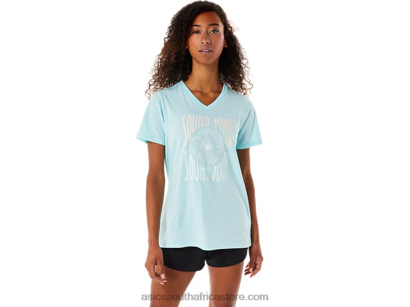 Women Asics Sunflower Slogan V-Neck LH4X03144 Clear Blue
