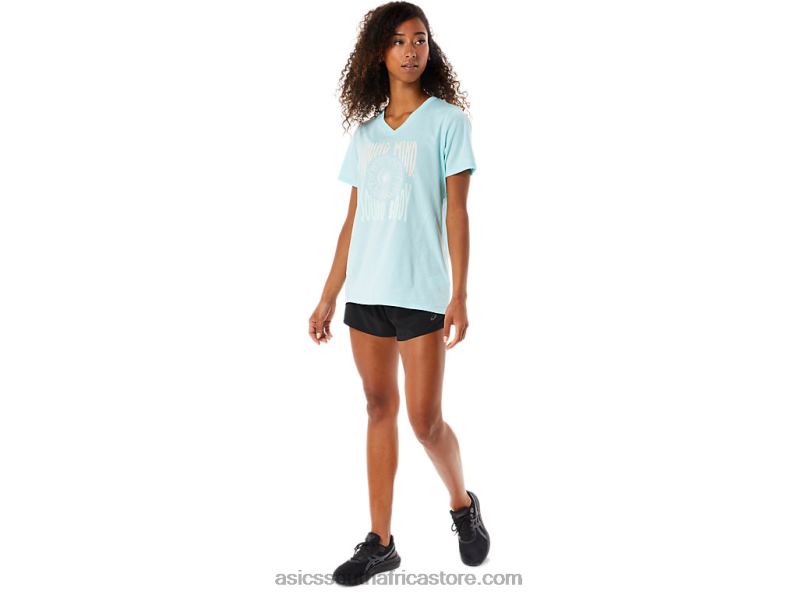 Women Asics Sunflower Slogan V-Neck LH4X03144 Clear Blue