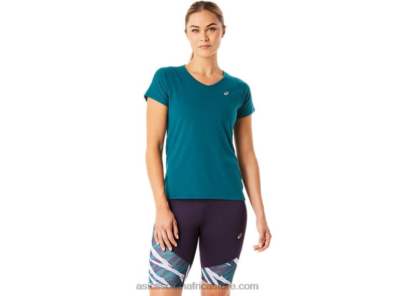 Women Asics V-Neck Short Sleeve Top LH4X03078 Velvet Pine